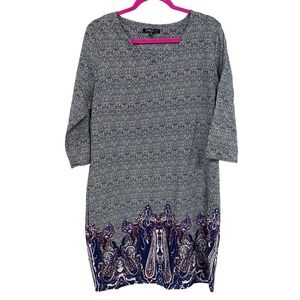 Gramercy 22 Womens M Chevron Paisley Border Print V-Neck Shift Dress Black Blue